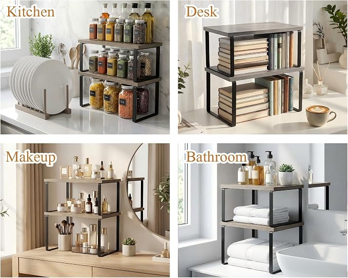 Marsui 4 Pcs Kitchen Organizer Accessories Set for Cabinet,Gray | Cabinet Organizer Shelves, Bamboo Dish Drying Plate Rack, Wooden Counter Storage Holder, for Spice Dish Pot Lid Bowl Cup