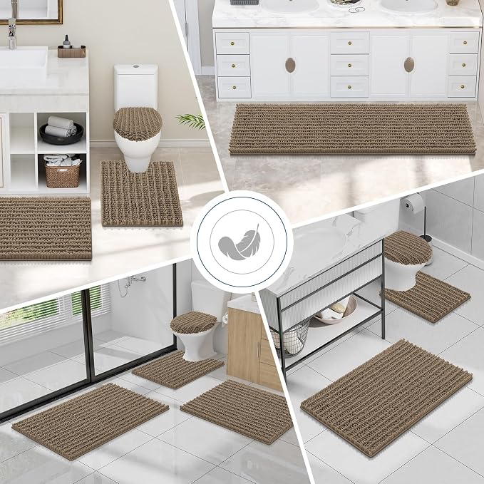 Smiry Bathroom Toilet Rugs U Shaped 24X20, Chenille Bath mats for Toilet | Camel Extra Soft Absorbent Non Slip Rubber Backing Contour Bath Rugs for Toilet, Machine Washable Contoured Bath Mats