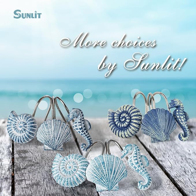 Sunlit Seashells Decorative Shower Curtain Hooks, Aqua Blue Ocean Creatures Coastal Shower Curtain Rings, Resin, Nautical Bathroom Decoration Beach Hooks-12 Pack