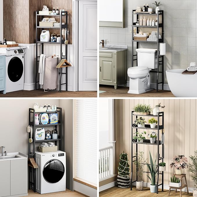 Over the Toilet Storage Shelf 3-Tier Adjustable Bathroom Organizers and Storage Shelves Bathroom Rack Above Toilet Storage with Paper Holder and 4 Hooks Space Saver Storage for Laundry