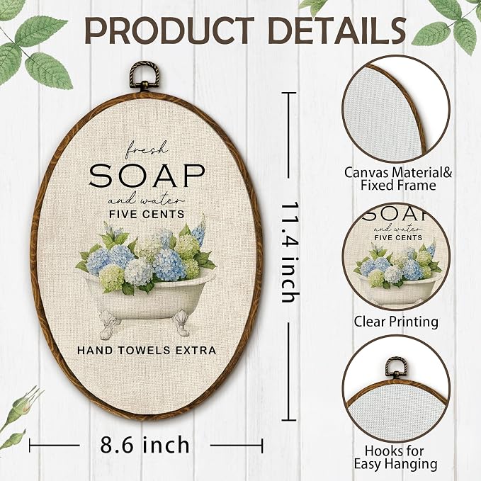 Yjeslw Vintage Hydrangea Floral Oval Wall Art Decor, Rustic Farmhouse Canvas Prints Framed, Cottagecore Neutral Flower Bathtub Wall Hanging Decor for Bathroom Washroom Decor, 8.6x11.4 Inches