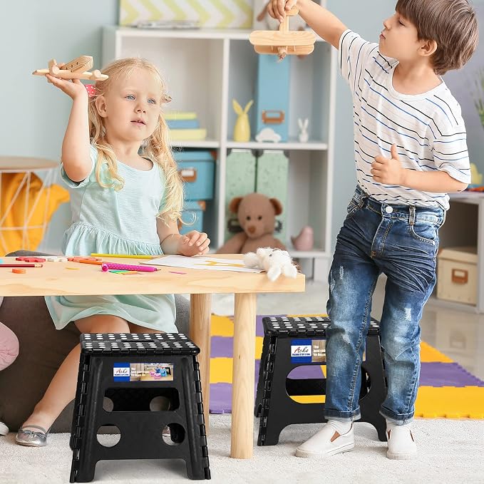 ACKO 13 Inch Folding Step Stools, 2 Pack, 300 lbs, Black | Collapsible Step Stools for Adults with Handles, Non-Slip and Space-Saving, for Kitchen, Bathroom, Bedroom and Closet