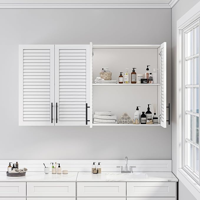 60" Laundry Room Wall Cabinet with Shutter Style Doors, Wall Storage Cabinet with Adjustable Shelf, Bathroom Wall Cabinet, Upper Storage for Laundry Room, Bathroom, Kitchen, Garage, White