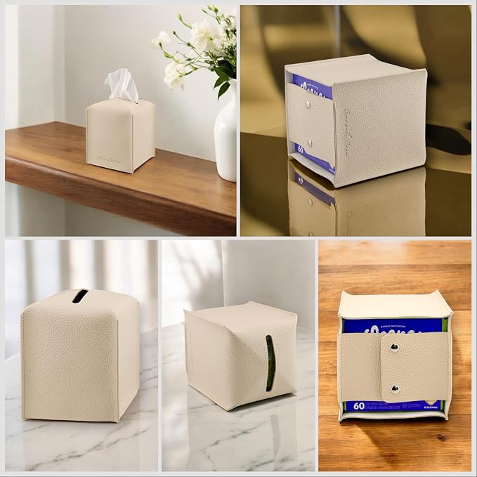 Premium PU Leather Square Tissue Box Holder - Hotel-Style Facial Tissue Box Cover for Bathroom, Bedroom, Office & Home Decor, Cube Tissues Organizer, Classic Look (Beige)