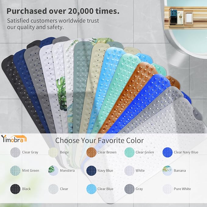 Yimobra Non Slip Bathtub Mat 40 x 16 Inch, Extra Long Shower Mat with Drain Holes, Machine Washable Baby Bath Mats, Strong Suction Cups for Bathroom Floor, Clear Green