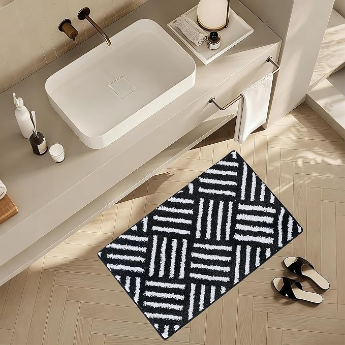 ORTIGIA Striped Black Bathroom Rugs Non Slip Washable, 20x30 Quick Dry Absorbent Soft Plush Microfiber Bath Mats, Bath Rugs for Bathroom Floor Carpet for Sink Bedroom