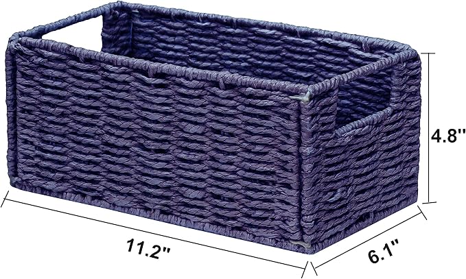 Wicker Storage Basket, Set of 2 Hand-Woven Paper Rope Wicker Basket, Small Storage Baskets for Organizing Toilet Paper, Foldable Small Cube Organizer Bins for Shelves (Purple)