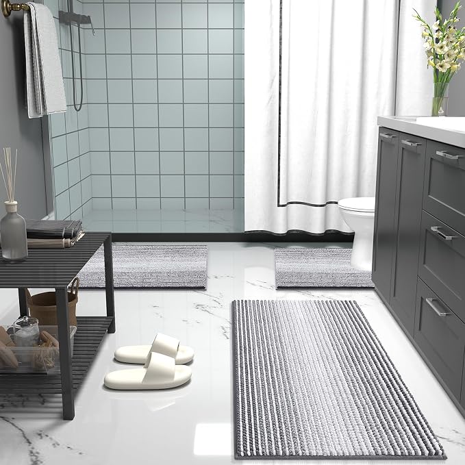 OLANLY Bathroom Rugs 30x20, Soft Chenille Striped Bath Rugs, Grey | Extra Absorbent, Rubber Backing, Machine Wash Dry, Bath Mats for Bathroom Floor, Tub and Shower, Home Decor Accessories