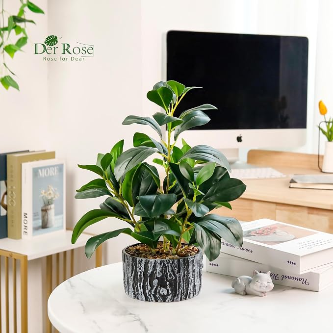 Der Rose 15.7" Artificial Plants Indoor for Office Desk Bathroom Decor | Fake plants round, broad & layered leaves with a textured planter create a fuller, softer look for shelves, desks & entryways