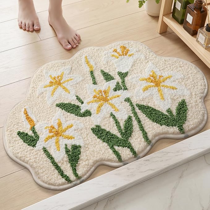 Cloud-Shaped Lily Bath Mat, Soft Non-Slip Fluffy Fresh Flowers Bathroom Rug, Ultra Absorbent Microfiber Shaggy Door Mat, Machine Washable Bath Rug Carpet for Bathtub Bedroom 20x31 Inch (White Lily)