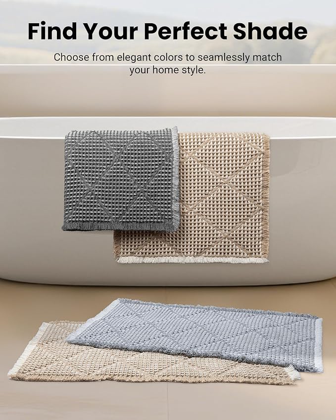 Waffle Bath Mat Set, Non Slip Bathroom Rugs 2 Piece, Gray & Light Gray | Ultra Absorbent Long Bath Rug Runner for Bathroom Boho Chic Decor, Machine Washable Floor Mats, 20"×47" Plus 18"×30"