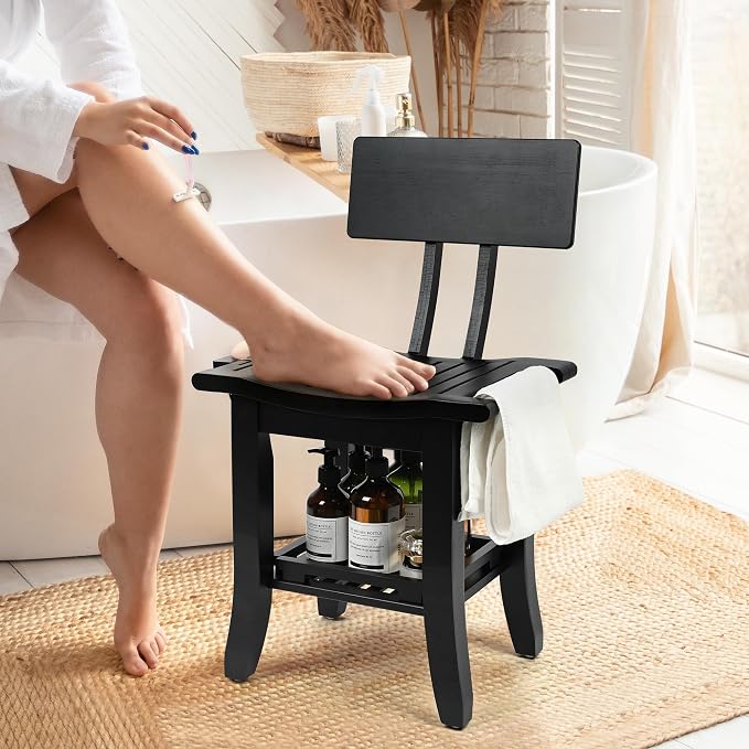 Bamboo Shower Chair for Inside Shower Elderly Disabled, Black | Two-Tier Shower Bench with Storage Shelf, Soap Dish, Shower Head Holder, Watrerproof Shower Seat for Adults Pregnant