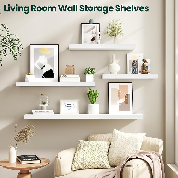 Floating Shelves for Wall, 24 Inch x 8 Inch Deep Wall Mounted Wood Shelf with Invisible Brackets for Storage & Display, Living Room Bedroom Kitchen, White, Set of 2