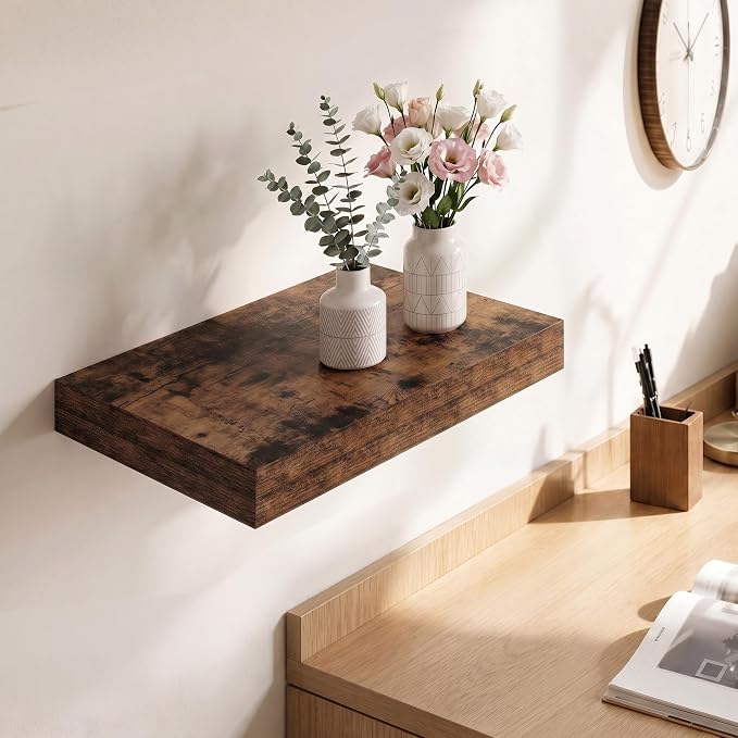 Deep Floating Shelves for Wall, 12 Inch Wide Small Wall Shelves Set of 2, 2 Inch Thick Invisible Wall Mounted Shelves for Bathroom Bedroom Nursery,Rustic Brown