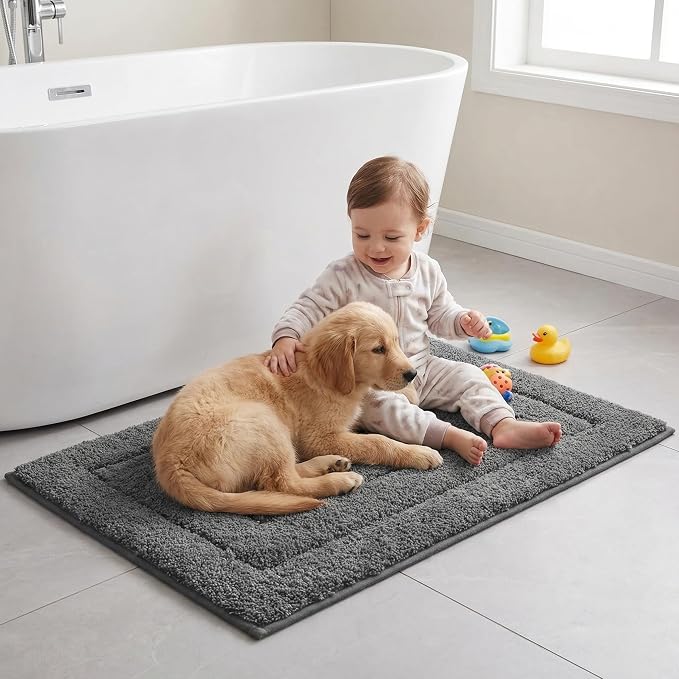 GRANNY SAYS Dark Grey Bathroom Rug 16" x 24", Non-Slip Microfiber Bath Mat | Ultra-soft, with durable TPR backing for reliable grip, fast water absorption, machine washable for small bathroom spaces