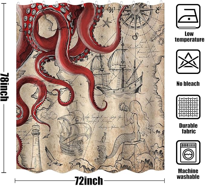 Fungarth Long Vintage Red Nautical Octopus Shower Curtain Mermaid Funny Ocean Kraken Shower Curtains for Bathroom Cool Anchor Coastal Map Waterproof Fabric Bath Curtain Decor (Retro1, 72” x 78”)