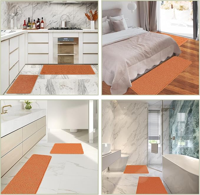 Bathroom Rugs Sets 2 Piece – Absorbent and Washable Bath Mat, Non-Slip, Thick Soft Chenille Bath Rugs for Bathroom Floor, Shower, Sink(17" x 24"+17" x 47", Burnt Orange)
