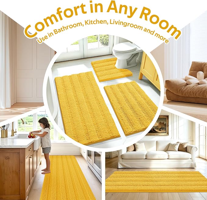 Striped Yellow Bathroom Rug Set 3 Pieces Ultra Soft, Non Slip Chenille Toilet Mat, Absorbent Plush Shaggy Bath Mats for Bathroom, Bedroom, Kitchen