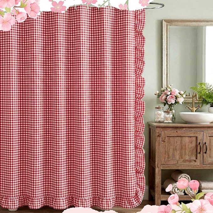 HunnmingRe Ruffled Gingham Shower Curtain Red | 72'' x 72'' Vintage Farmhouse Curtain, Cotton Cottage Core Rural Checkered Plaid Decor, Fall Shower Curtain for Bathroom