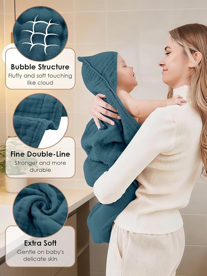 Muslin Hooded Baby Bath Towels - 3 Pack 100% Cotton Ultra-Soft Towels for Newborns, Infants, Toddlers - 32x32 Inch - Highly Absorbent, Quick-Dry Essentials for Bath, Beach, Pool, Grey Blue Series