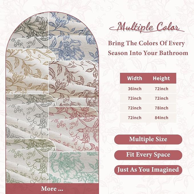 Pink Boho Linen Shower Curtain, Farmhouse Floral for Bathroom | Botanical floral print. Rustic farmhouse boho decor. Durable linen blend fabric. Machine washable for easy care. 72x78