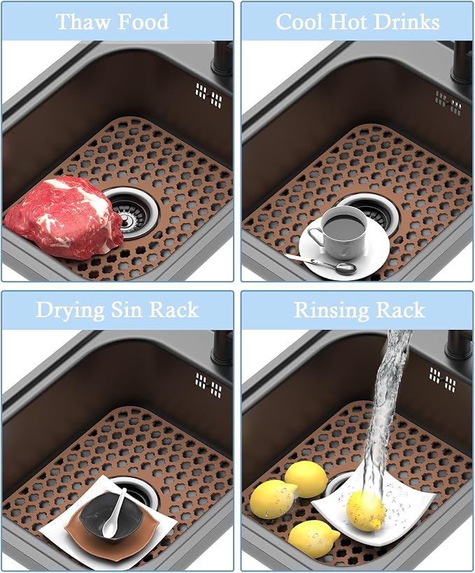 Silicone Sink Protector Kitchen Sink Mat 2 Pack 13.58"x 11.6" Coffee | Heat-resistant Non-Slip and Durable Silicone Protectors Mat, Center Drain