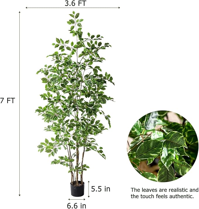 Bailikang Artificial Ficus Tree Indoor 7ft, Large Potted Faux Tree with Realistic Silk Leaves & Trunk for Home Office, Living Room Corner Decor