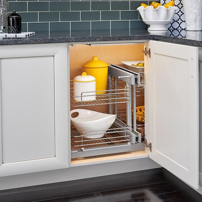 Rev-A-Shelf Dual Pullout Organizer for Cabinets, Min Opening Width of 18" | Two-Tier Adjustable 4-Basket Bottom Storage Shelves for Blind Corner Base Kitchen Cabinets, Heavy Duty Chrome Wire,5PSP-18-CR