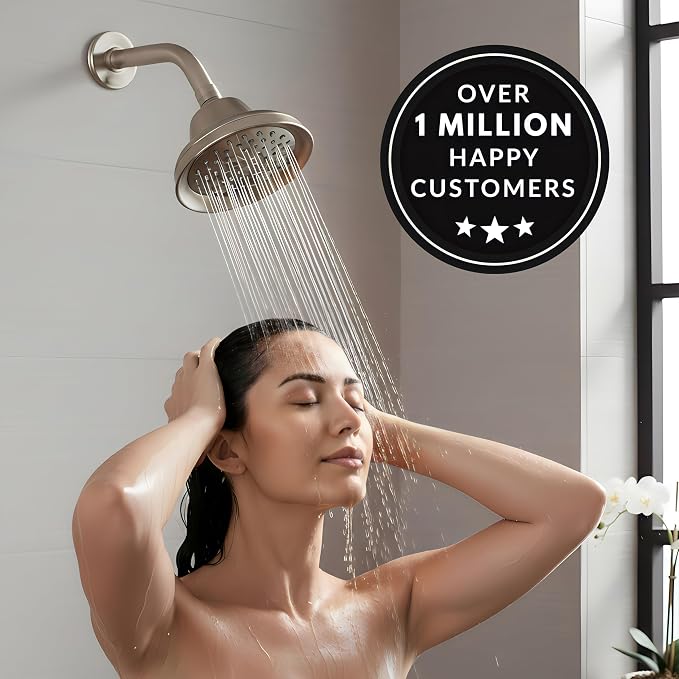 Massage Shower Head With Mist - 1.8 GPM - Brushed Nickel | High Pressure Boosting, 6 Function Adjustable Massaging Rainfall Showerhead For Low Flow Baths With Water Saving Nozzles
