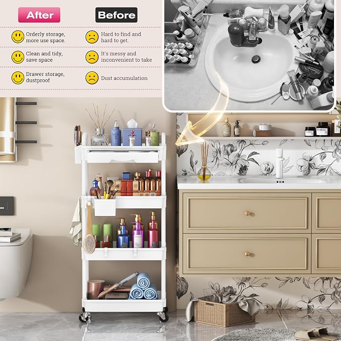 Goovilla Rolling Makeup Organizer Cart with Removable Drawer, 4 Tier White | Stable Floor Skincare Storage Cart for Vanity, Cosmetic Display, Nail Polish, Perfume, Hair Stuff, Beauty, Bathroom(Plastic)