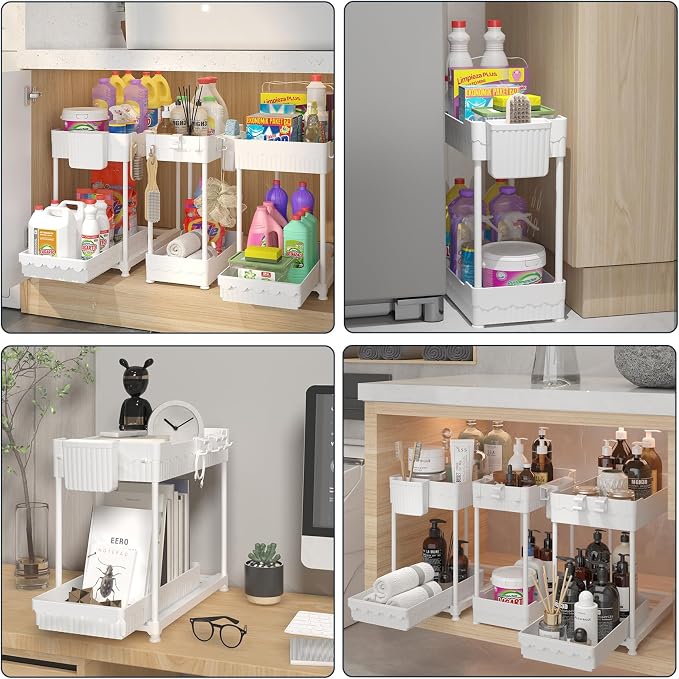 3 Pack Under Sink Organizers, 2-Tier Multi-Use Kitchen and Bathroom Organizers and Storage with Sliding Drawers, Bathroom Cabinet Organizer (White, 14.8 Inch) | Multi-use kitchen & bathroom storage, 14.8 inch white cabinet organizer, space-saving slidi...