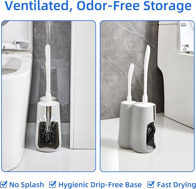 Toilet Brush and Holder Set with Pumice Stone Toilet Bowl Cleaner | Long-handle Scrubber with Ventilated Holder and Pumice Stone for Hard Water Stains, Limescale and Toilet Rings