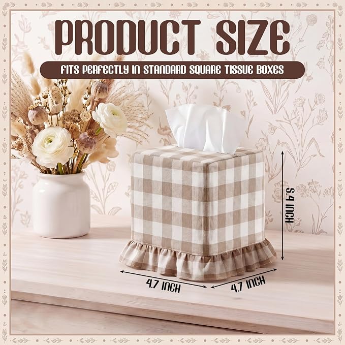 Brown Gingham Tissue Box with Ruffled Cover Cottagecore Handmade Decorative Gingham Napkin Holder for Home Bedroom Living Room Bathroom Vanity Countertop Car Office Kitchen