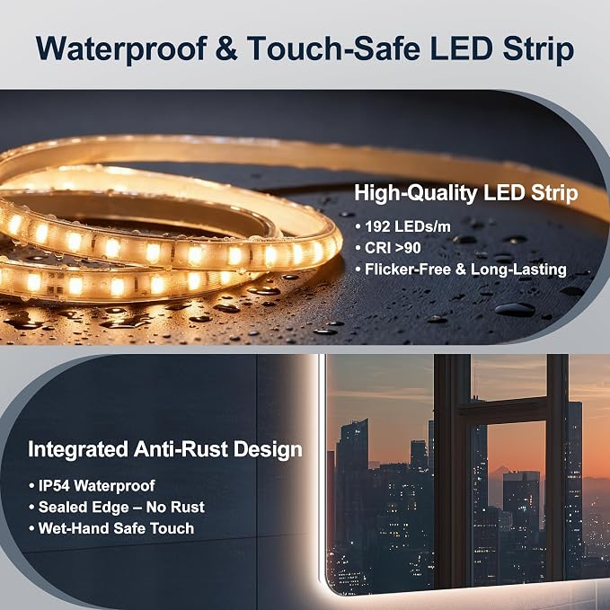 40''X30'' Lighted Mirrors for Bathroom Wall Backlit Rectangular Rounded Corners, LED Bathroom Mirror Frameless with Lights, Dimmable, 3 Colors,Tempered Glass, Shatter-Proof