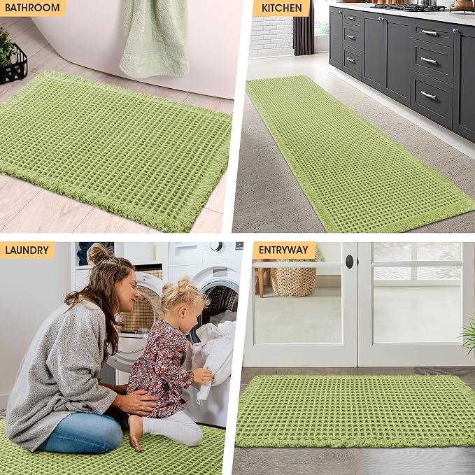 Waffle Bath Mat Set Sage Green 2 Piece,Woven Modern Bath Rug Mats, Absorbent Non Slip Bath Floor Mat, Soft Washable Boho Bath Rugs with Tassels for Bathroom, Bedroom, Kitchen,Tub