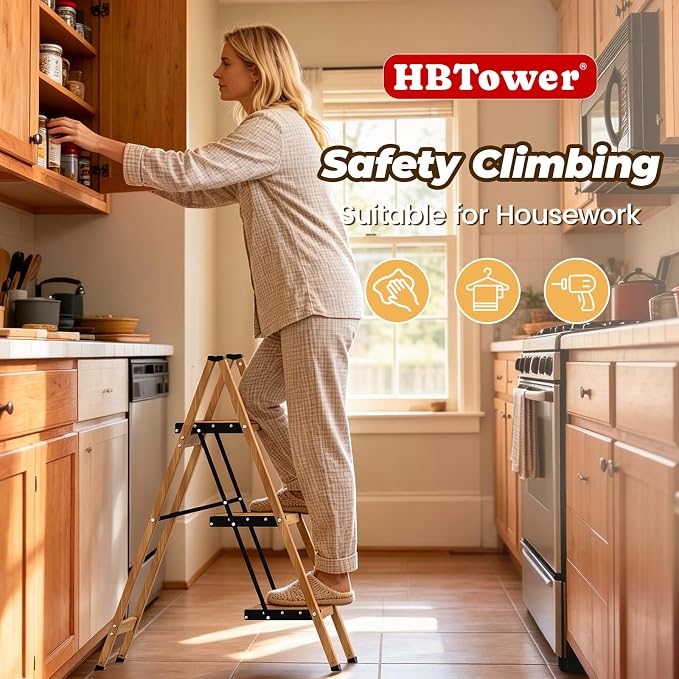 HBTower 3 Step Ladder, Lightweight Aluminum Folding Step Stool | Anti-Slip Wide Pedal, 330lbs Capacity Step Ladder for Household Kitchen Office, Woodgrain