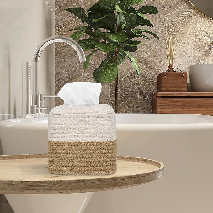 Boho Tissue Box Cover: Natural Handwoven Square Cover for Bathroom | Open-Bottom Design with Tassel, For Kitchen, Tabletops, Home & Office, Farmhouse Decor