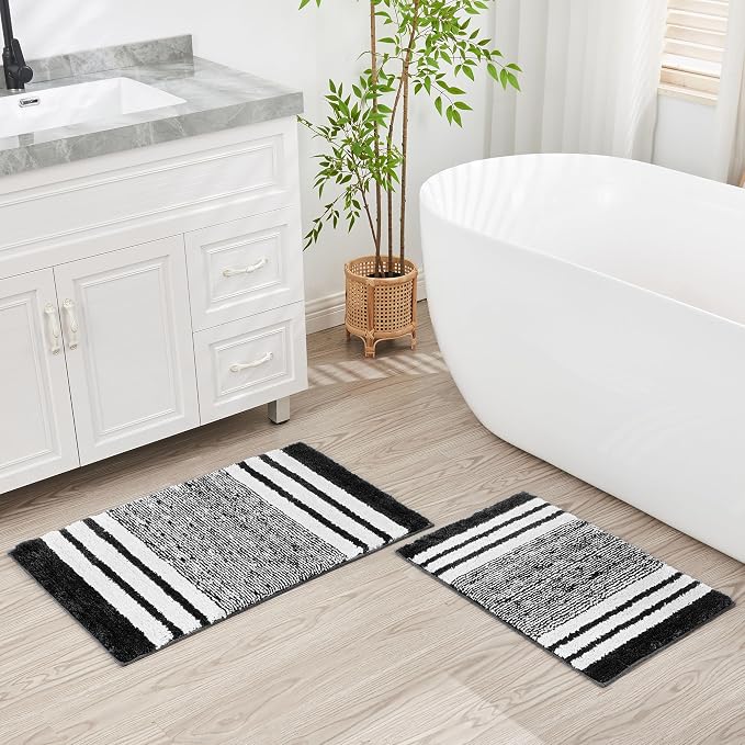 CozeCube Jet Black Striped 32"x20" Non Slip Washable Bath Mat | For Bathroom, Fluffy Absorbent Microfiber Bath Mats Machine Wash, Stylish Cute Aesthetic Bathroom Rugs