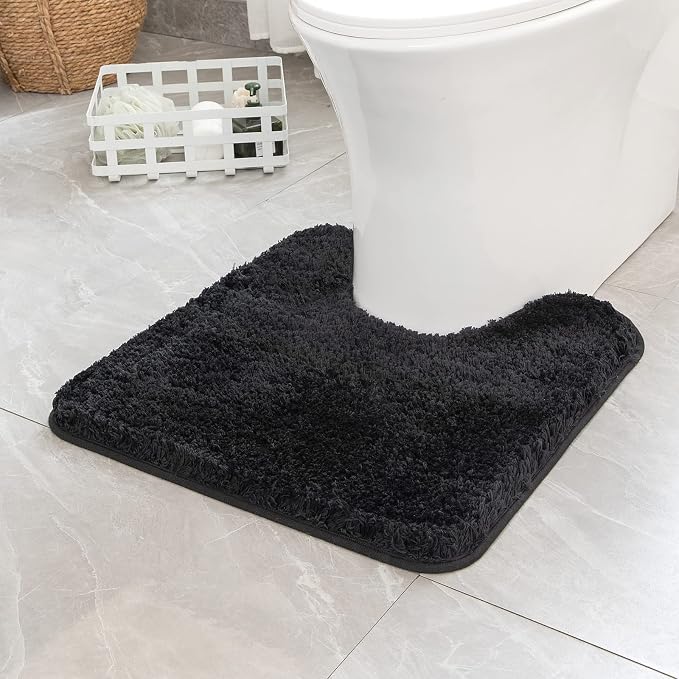 MIULEE Black Toilet Bathroom Rug U-Shaped Microfiber Bath Mat 24x24 Inch | Absorbent, Non Slip, Quick Dry, Fluffy Bath Rugs for Bathroom Floor Tub Showers, Machine Washable