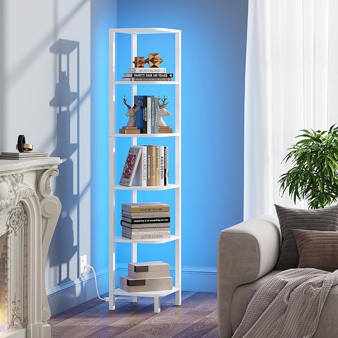 TUTOTAK Corner Shelf with LED Light, 6-Tier Corner Bookshelf | for Small Space, Narrow Display Corner Shelf Stand with Storage Rack, for Living Room, Bedroom, White BS08BW006L