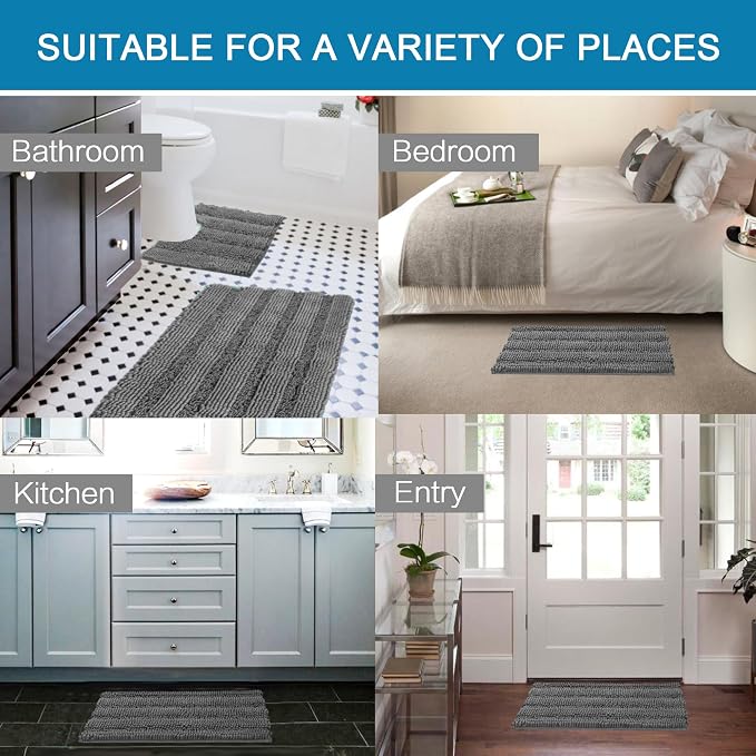 H.VERSAILTEX Bathroom Rugs Bath Rug Set 2 Piece Bathroom Contour Rug Toilet Mat Sets Non Slip Contour Bath Rug Ultra Thick Water Absorbent Striped Bath Mats Washable(36" x 24" Plus 20" x 24" U, Grey)