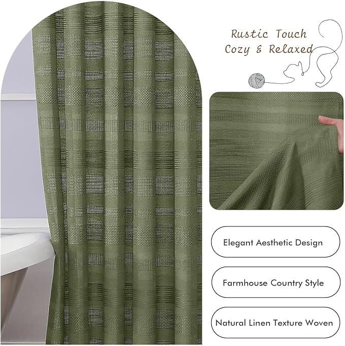Sage Green Shower Curtain 78 Inch Long, Boho Thick Linen Textured Shower Curtain with Tassel, Farmhouse Minimalist Striped Weighted Machine Washable Bathroom Decor, 72Wx78L Inches