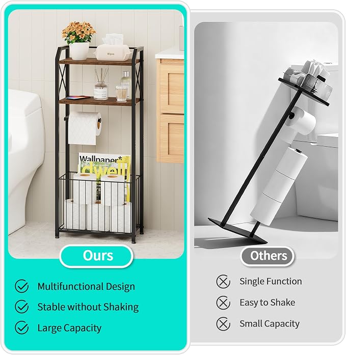 HapiRm Freestanding Toilet Paper Holder - 4-Tier Bathroom Tissue Organizer with Wood Shelves and Large Basket, Toilet Paper Holder Stand for Bathroom, Laundry Room, Apartment - Black(Large)