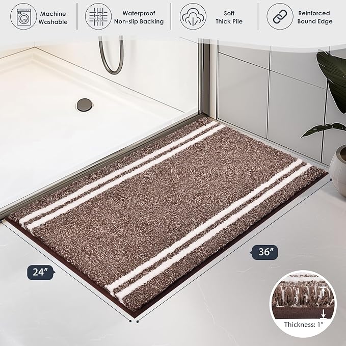 PURRUGS Bathroom Rug, Bath Mat, 24" x 36", Brown | Machine Washable, Non-Slip, Waterproof TPR Backing, Super Absorbent, Quick Dry, Bath Rug for Shower, Bathtub, and Sink