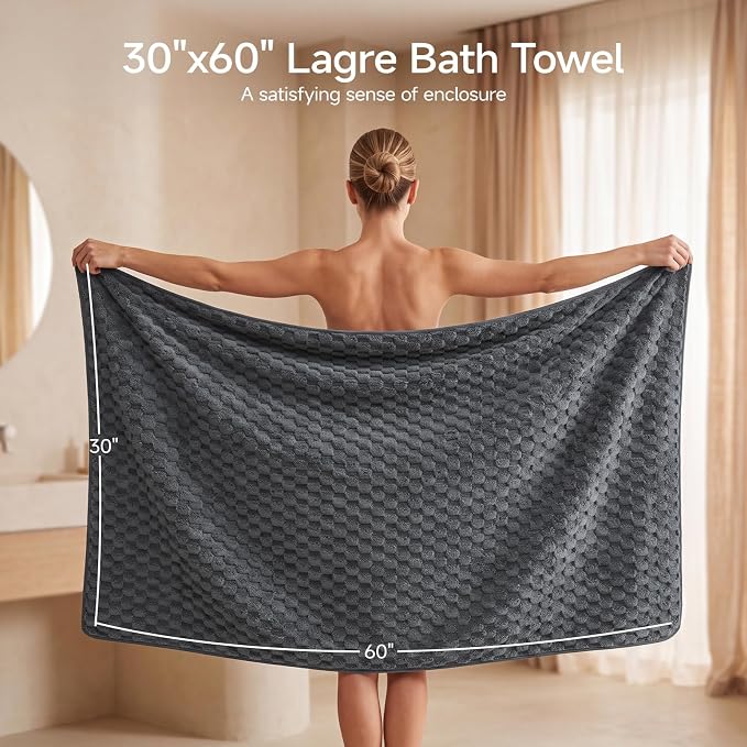 REDKISS 4 Pack Charcoal Gray Microfiber Bath Towels Large 30"x60" | Super Absorbent, Quick Dry, Super Soft, Lint Free, Fluffy Towel for Bathroom, Spa, Gym, Travel, Dorm, Ideal Everyday Use