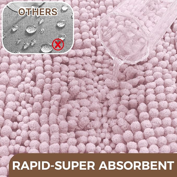 Bcoimo Bath Rug Mat,48x30 Chenille Non Slip Pink Long Bathroom Runner Rugs | Extra Soft Bathroom Floor Mats;Non Slip with Rubber Back Bath Mats;High Absorbent, Quick Dry Microfiber mat; Machine Washable
