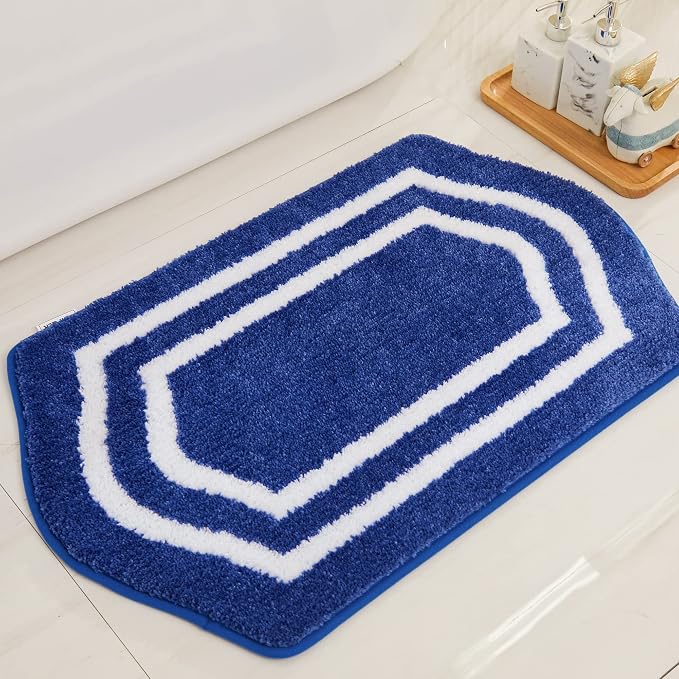 COSY HOMEER Non-Slip Bath Mat Extra Thick Absorbent Plush Washable | 17"x27" White/Blue Non-Slip Extra Thick Plush Absorbent Machine Washable Bath Mat Bathroom Rug Floor Tub Shower