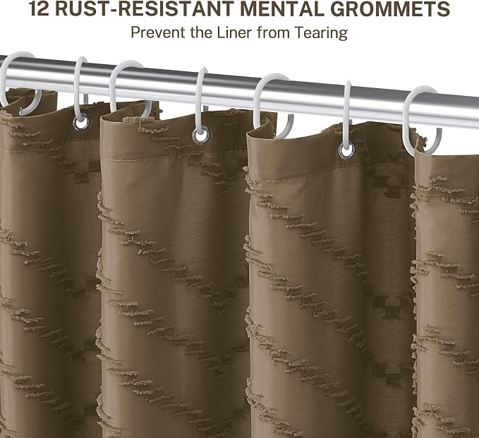 Siiluminisoy Extra Long Boho Shower Curtain, Woven Fabric 84 in Khaki, 72 x 84, Tufted Chevron Striped Modern Chic Textured Minimalist Bathroom Shower Curtain
