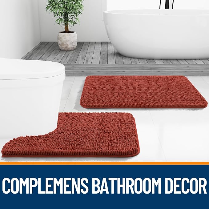 OLANLY Small Bathroom Rugs 24x16, Soft Absorbent Chenille Bath Rugs, Rubber Backing Quick Dry, Machine Washable Bath Mats for Bathroom Floor, Tub and Shower, Home Decor Accessories, Rustic Terracotta | Rustic Terracotta, Quick-Drying Rubber Backing, Wa...