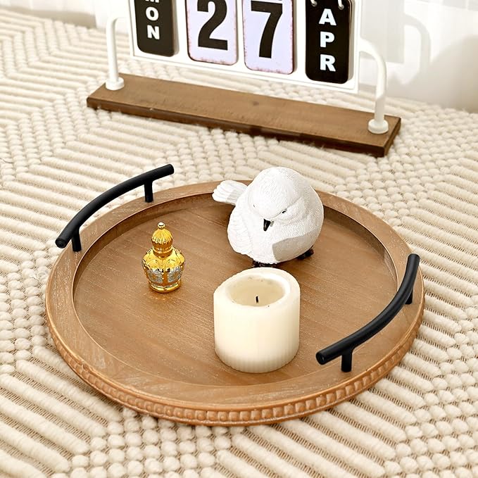 SwallowLiving Brown Wooden Beaded Serving Tray with Handle Decorative Rustic Tray for Coffee Table Farmhouse Round Tray for Kitchen, Living Room and Bedroom